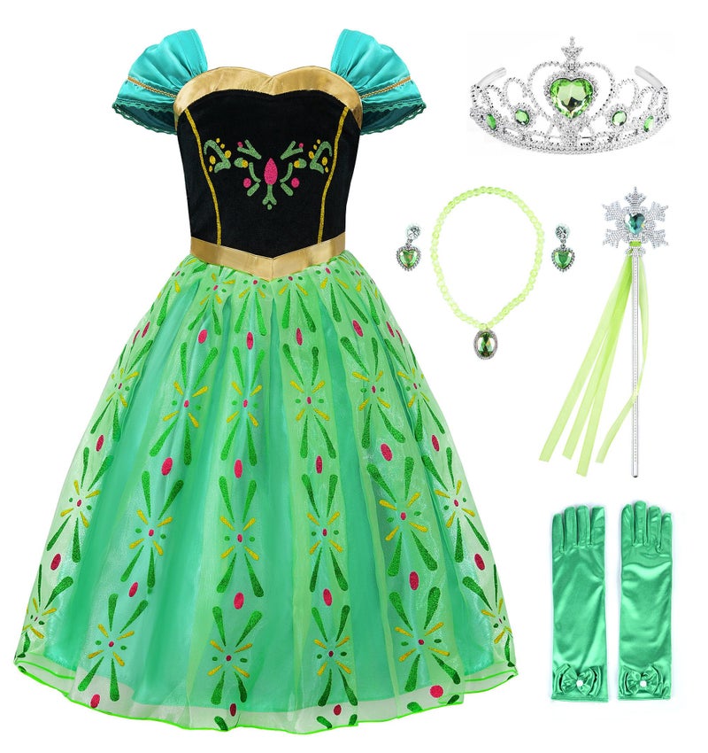 JerrisApparel Girls Princess Costume Snow Party Halloween Cosplay Fancy Dress (4T, Green with Accessories) - Image 1
